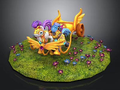 Yellow Winged Horse And Pony With Purple Blue Mane On Green Grass With Small Flowers 3d model