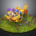 Yellow Winged Horse And Pony With Purple Blue Mane On Green Grass With Small Flowers