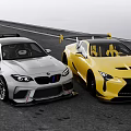Silver BMW and Yellow Lexus High Performance Sports Cars Parked On Race Track