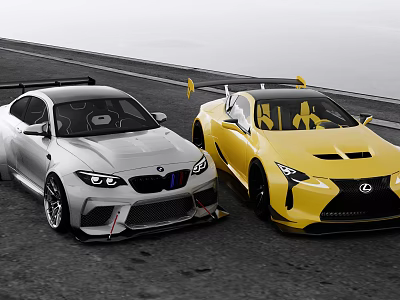 Silver BMW and Yellow Lexus High Performance Sports Cars Parked On Race Track 3d model