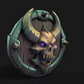 Dark Fantasy Shield With Skull Head Horns Purple Eyes And Metal Wooden Accents