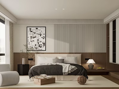 Modern Hotel Guest Room Interior With Comfortable Bed Decorative Painting And Wooden Elements 3d model