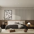 Modern Hotel Guest Room Interior With Comfortable Bed Decorative Painting And Wooden Elements