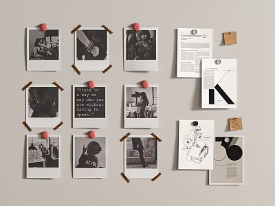 Creative Photo Wall Display With Photos Papers Push Pins And Tape 3d model