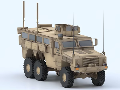 Beige Military Armored Vehicle Featuring 6x6 Wheels Roof Antennas And Observation Windows 3d model