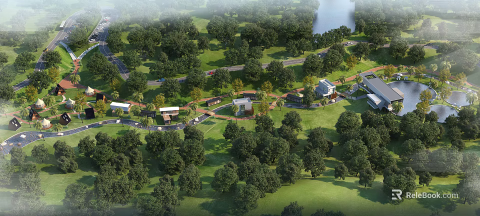 Aerial View Planning of Lush Greenery and Lake with Residential Buildings and Winding Paths 3d model 