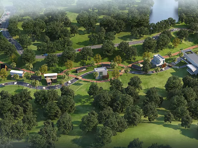 Aerial View Planning of Lush Greenery and Lake with Residential Buildings and Winding Paths 3d model