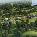 Aerial View Planning of Lush Greenery and Lake with Residential Buildings and Winding Paths