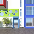 Modern Kindergarten Interior With Rainbow Arch Tree Decorations Green Walls And Open Space Reception Desk