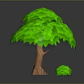 Green Plants Featuring Large Tree With Dense Green Leaves Brown Trunk And Small Shrub