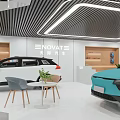 ENOVATE Car Showroom Displaying White And Blue SUV Vehicles With Modern Interior Design