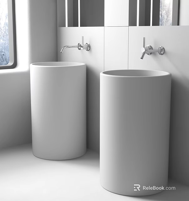 Modern Minimalist Bathroom With Two Cylindrical White Washbasins And Wall Mounted Faucets 3d model 