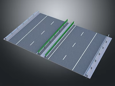Urban Road Structure With Multiple Lanes Green Median Strip And White Lane Markings 3d model