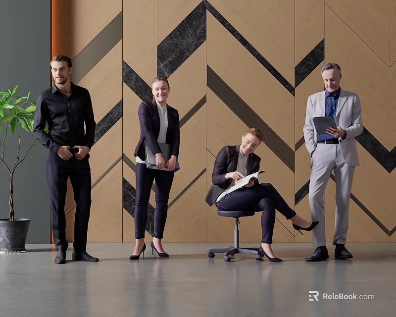 Group of Business Professionals Standing and Sitting in Modern Office Workplace 3d model 