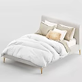 Modern Double Bed with Light Gray Headboard Gold Legs and White Comforter Pillows 3d model