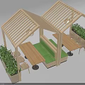 Open Air Wooden Pavilion With Tables Chairs Green Bench And Potted Plants