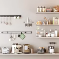 Well Organized Kitchen With Different Spice Bottles Arranged On Wall Shelves And Utensils