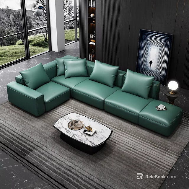Green Leather Sectional Sofa With Marble Coffee Table And Scenic Window View 3d model