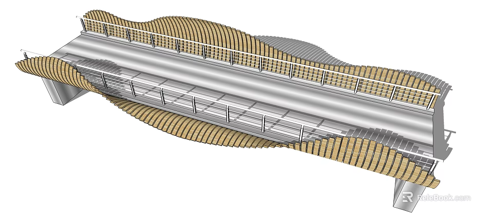 Modern Bridge Structure With Metal Railings And Wavy Wooden Elements 3d model