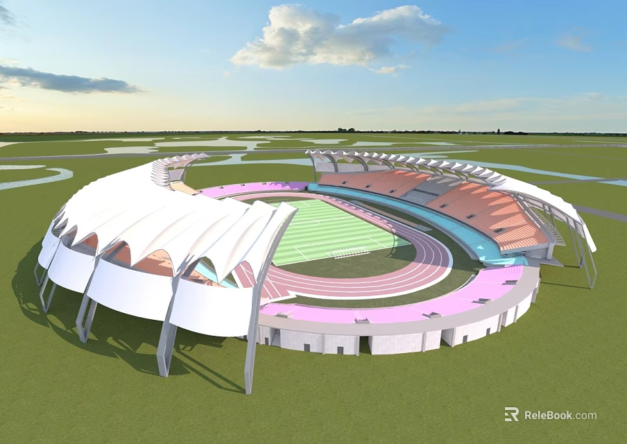 Modern Stadium Building Design With White Canopy Roof Circular Structure Running Track and Spectator Seats 3d model 