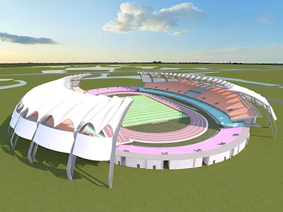 Modern Stadium Building Design With White Canopy Roof Circular Structure Running Track and Spectator Seats 3d model