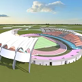 Modern Stadium Building Design With White Canopy Roof Circular Structure Running Track and Spectator Seats