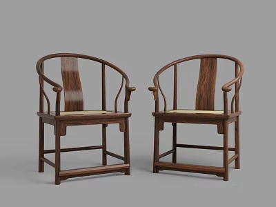 Two Traditional Chinese Wooden Armchairs With Curved Armrests And Solid Wood Backrests 3d model