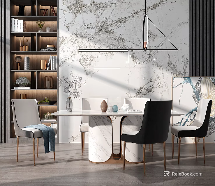 Modern Elegant Dining Table Set With Marble Top And Stylish Chairs In Contemporary Room 3d model 