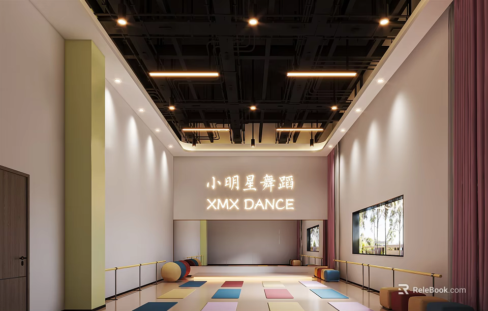 XMX Dance Fitness Studio Training Space With Colorful Mats Dance Bars And Mirrors 3d model 