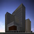 Modern Tall Illuminated Office Buildings In Urban Night View With Street Cars And Trees