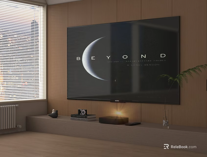 Modern TV Background Wall With Wooden Panel Decor Plant And Window Blinds 3d model 