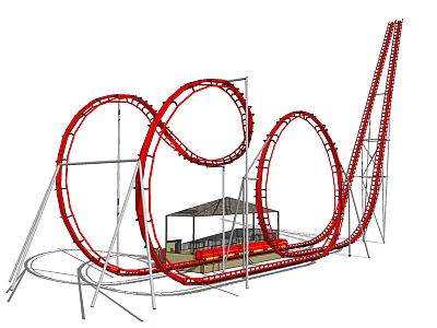 Thrilling Red Roller Coaster with Loop Tracks Support Structures and Station Platform 3d model