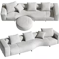 Light Colored Curved Sectional Sofa With Plush Pillows And Round Ottoman 3d model
