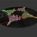 Four Differently Designed Various Colored Model Aircraft on Circular Platform with Yellow Red Stripes
