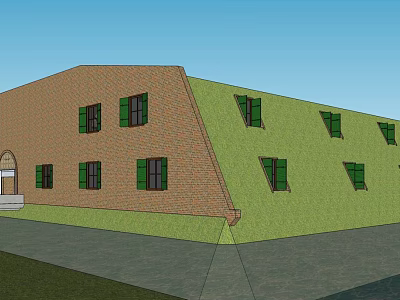Tilted Building 3D Exterior Design With Red Brick Walls And Green Windows 3d model