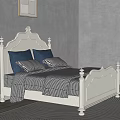White Double Bed With Carved Headboard Gray Checkered Bedspread And Blue Pillows