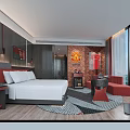 Modern Hotel Guest Room With King Bed Red Accent Furniture And Brick Wall Decor
