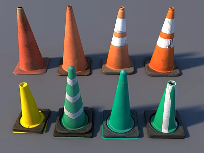 Road Safety Traffic Cones With Orange Yellow Green Colors And White Stripes 3d model