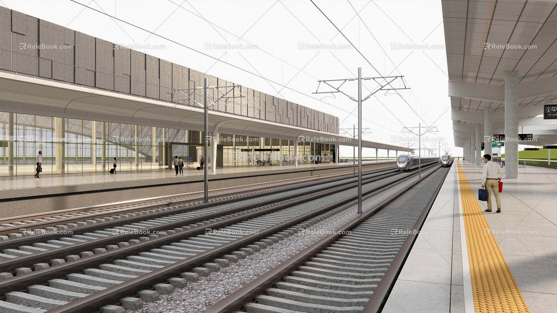 Modern high-speed railway station electric line trunk track light rail train passengers passengers 3d model