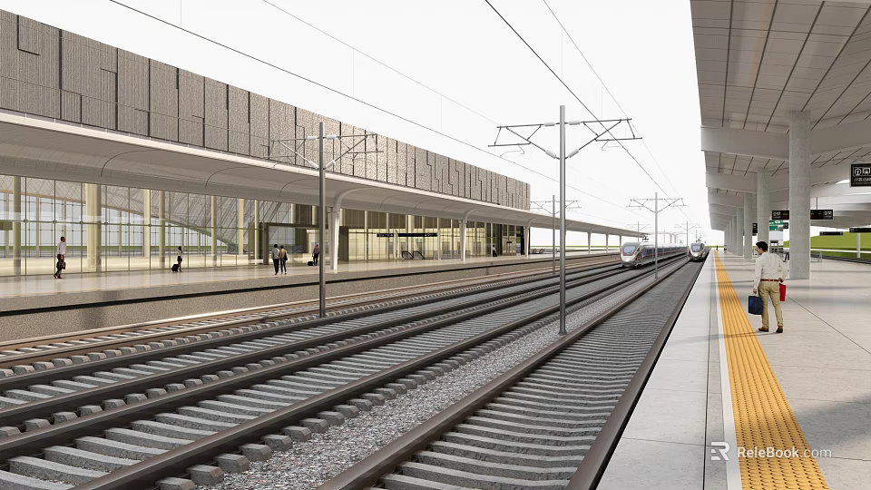 Modern Train Station Platform With Rail Tracks Glass Curtain Walls And Canopy 3d model 