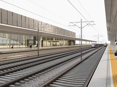 Modern Train Station Platform With Rail Tracks Glass Curtain Walls And Canopy 3d model