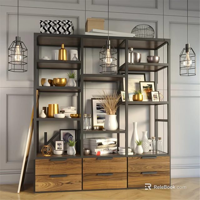 Decorative Ornament Set with Vases Photo Frames and Plants on Modern Metal Wooden Shelf Unit 3d model 