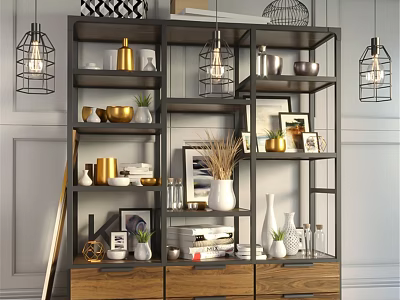 Decorative Ornament Set with Vases Photo Frames and Plants on Modern Metal Wooden Shelf Unit 3d model