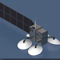 Satellite With Extended Solar Panels And Three White Dish Antennas On Blue Background