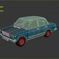 Vintage Blue Sedan with Beige White Top and Yellow Lettering Decals Worn Retro Exterior Design