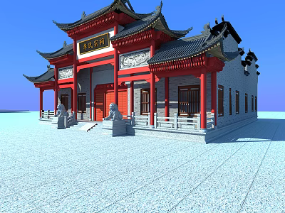 Traditional Chinese Ancient Architecture With Red Pillars Black Roof Wooden Plaque And Stone Lions 3d model