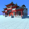 Traditional Chinese Ancient Architecture With Red Pillars Black Roof Wooden Plaque And Stone Lions