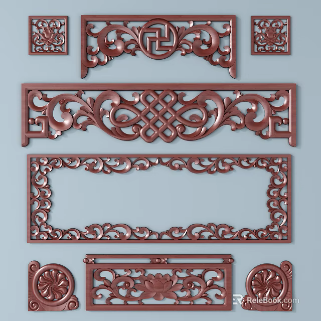 Red Carved Architectural Components With Intricate Decorative Patterns And Frames 3d model