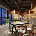 Vibrant Restaurant Interior with Red Lanterns Large Windows Colorful Chairs Brick Walls and Buffet Area