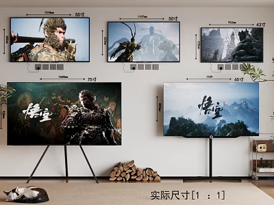 Multiple TVs with Different Sizes Showing Movie Scenes Wall Mounted and on Stands 3d model